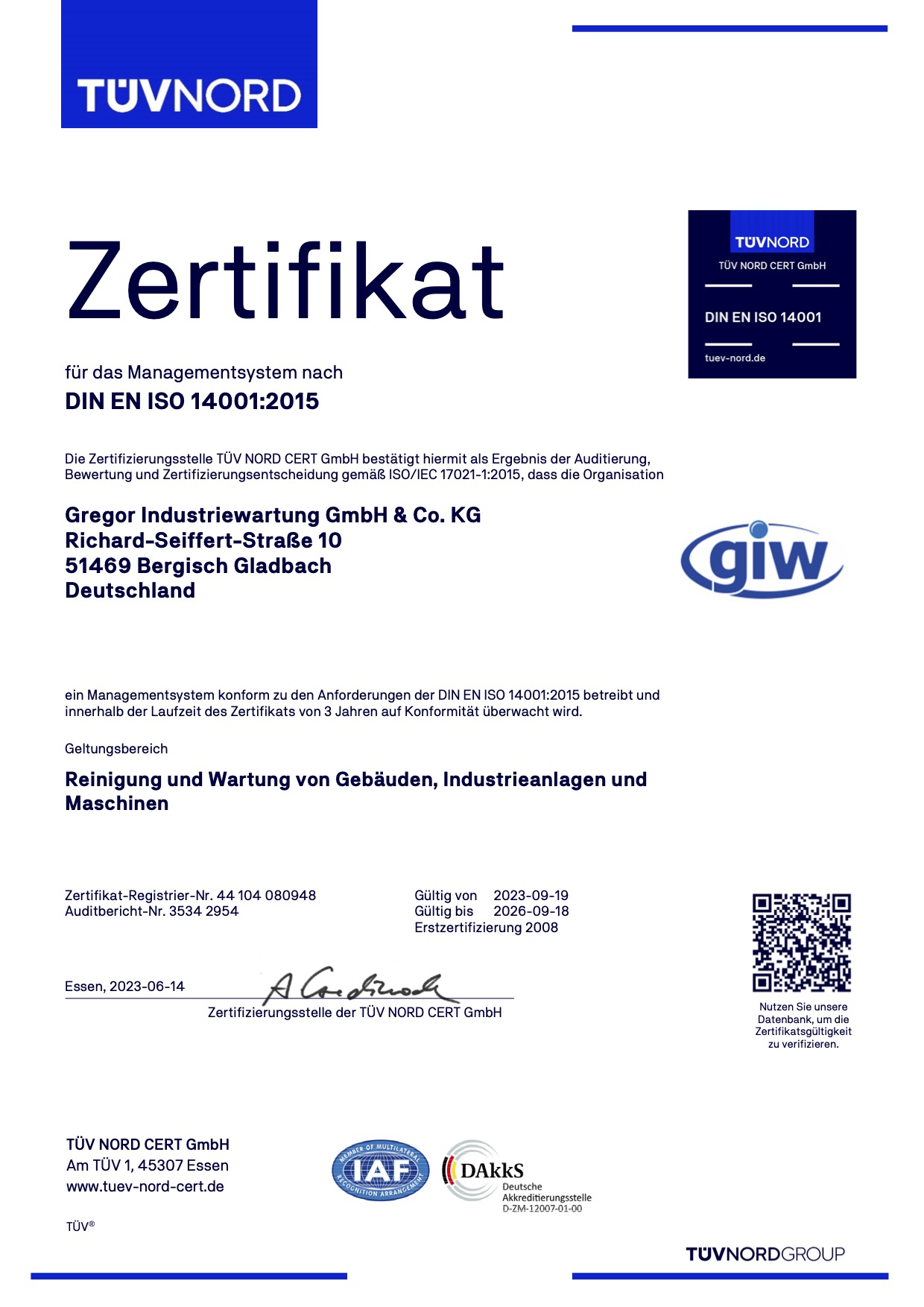 Zertifikat DIN EN ISO 14001:2015