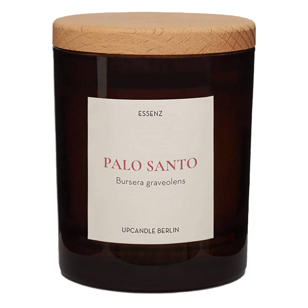 Aromakerze Palo Santo im Braunglas mit Buchenholzdeckel