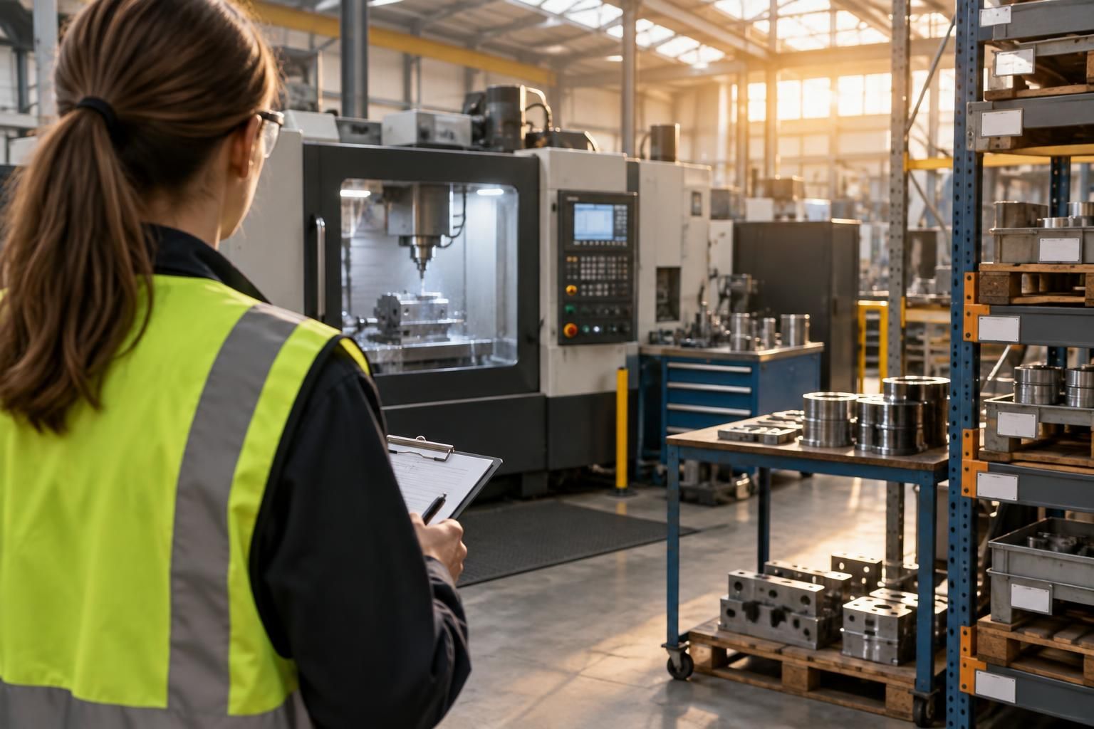 Auditor with clipboard in front of a manufacturing cell