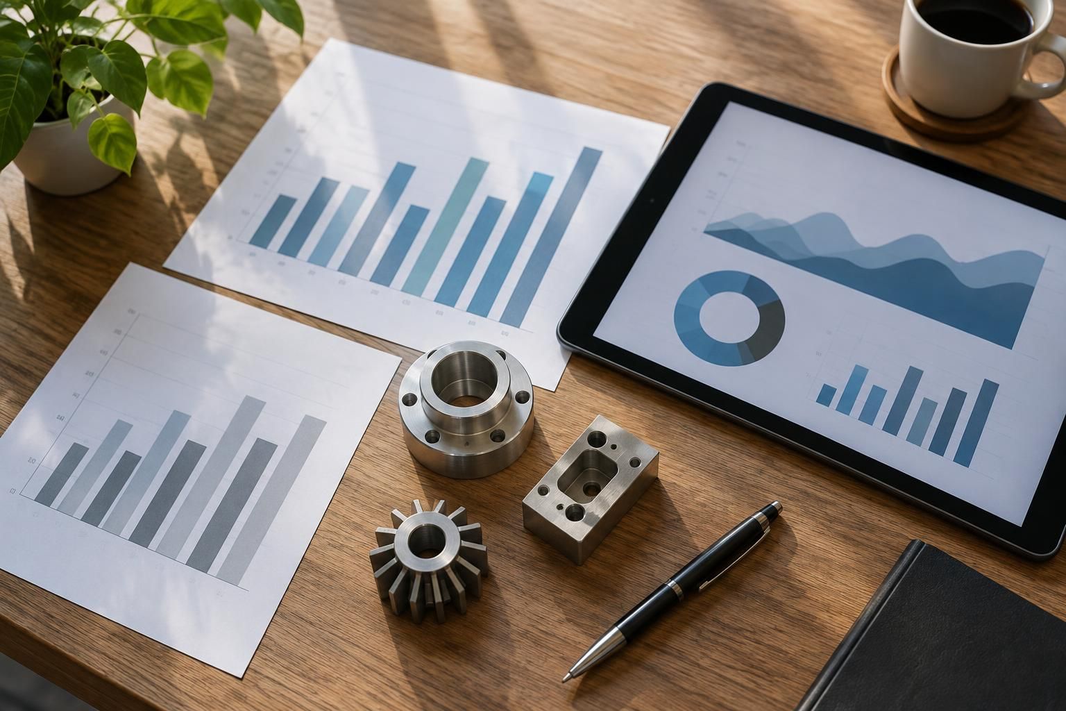 Desk with charts, tablet and sample parts for supplier evaluation