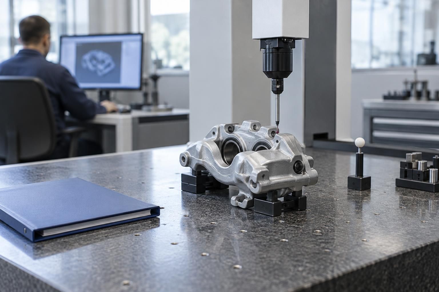 Inspection bench with brake caliper under a coordinate measuring machine